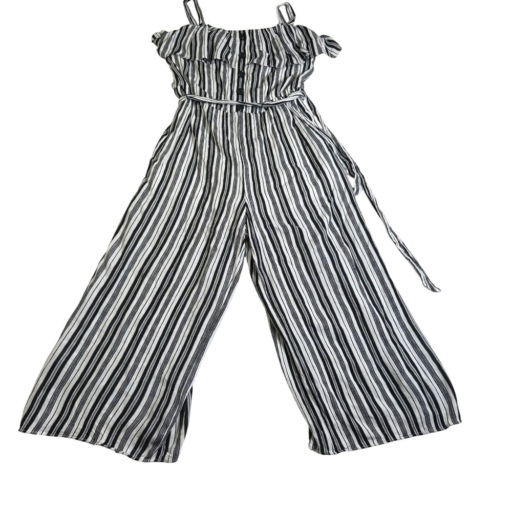 IZ BYER Striped Jumpsuit Womens Medium Black White Wide Leg‎ Ruffle Belt